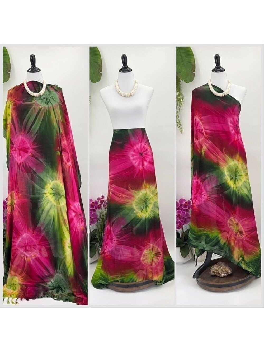 Pink Green Yellow Tye Dye MAXI SARONG Kīkepa Pareo Beach Wrap Skirt